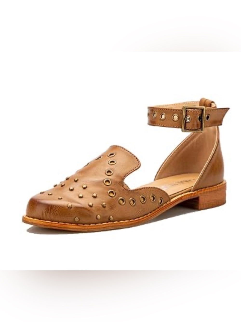 LALA IKAI Reyna Sandals EU 40 US 9 Tan Brown Studded Rivet Ankle Strap Flats